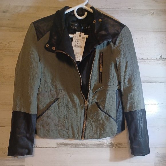 Zara Basic New Tags Green With Black Accent Jacket‎ Zippered Super Cool - Picture 3 of 11